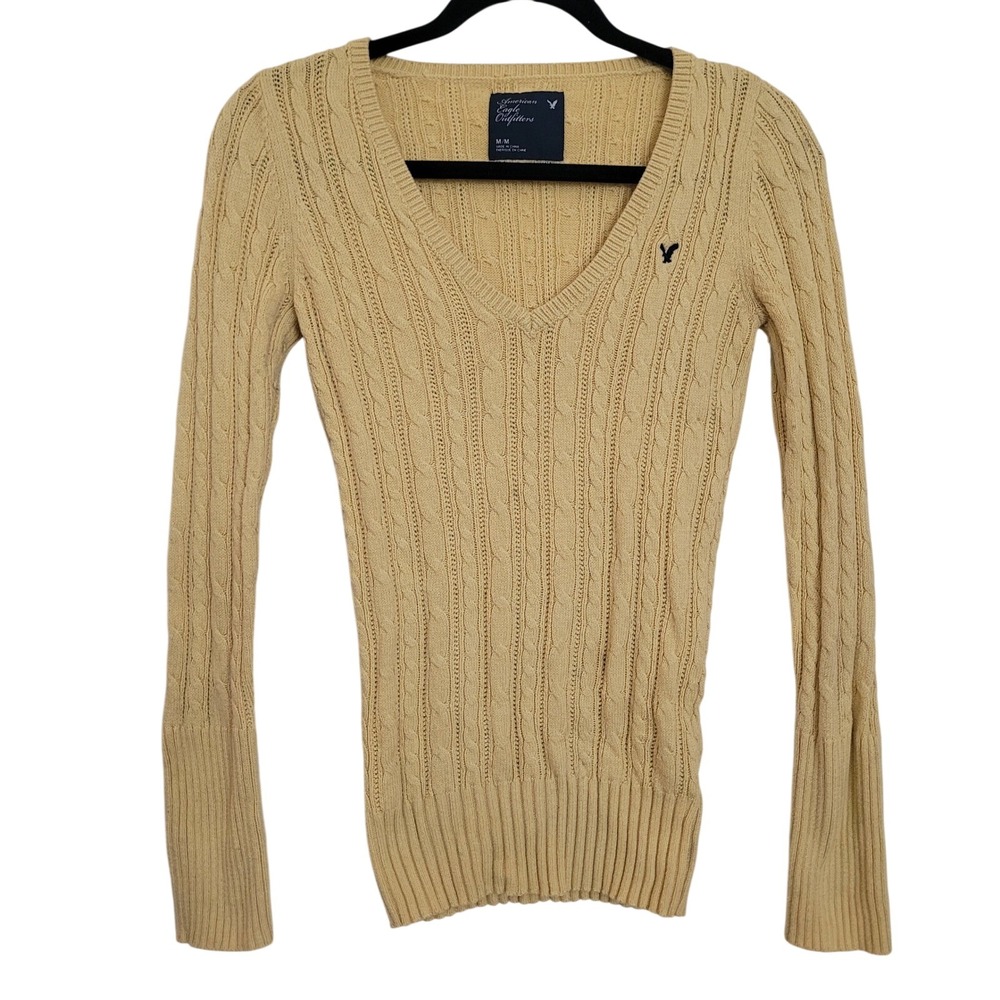 American Eagle Outfitters Yellow Cable Knit V-Neck Sweater Womens Medium Y2K